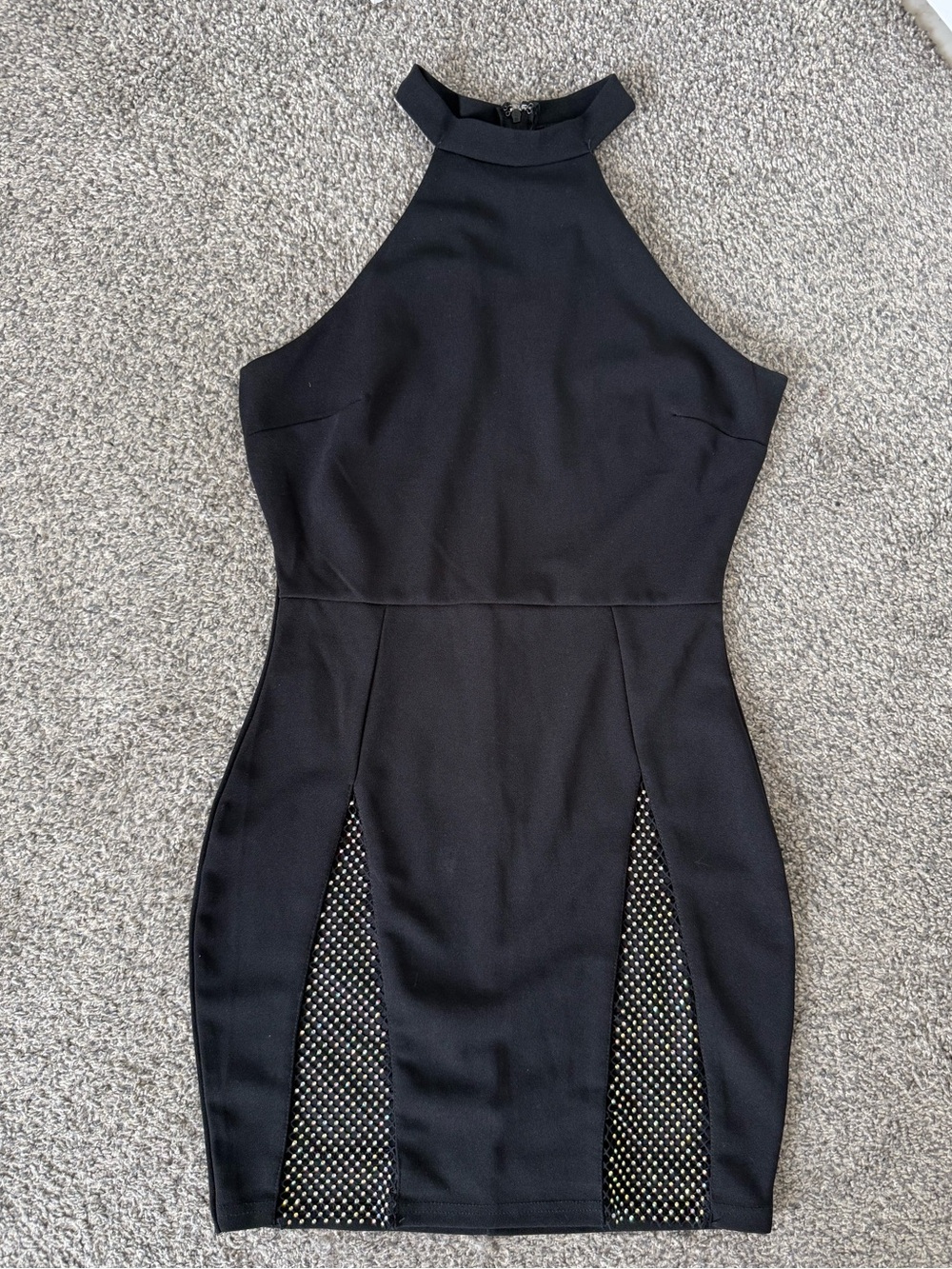 Mesh rhinestone black dress